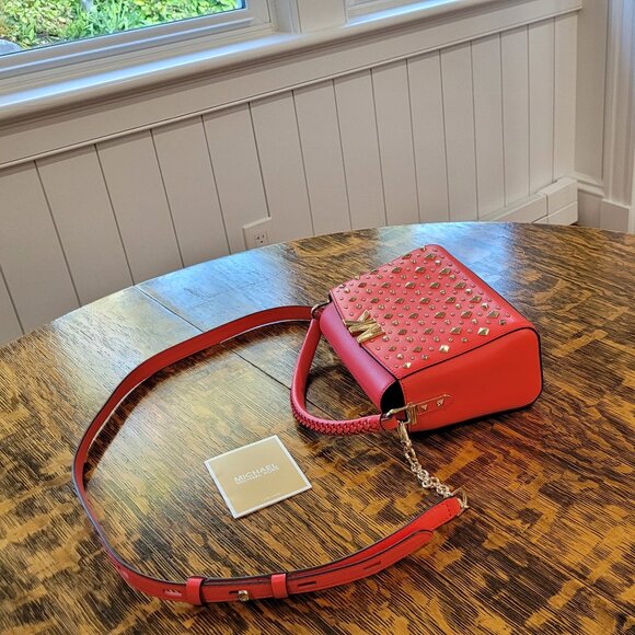 NWOT Michael Kors Gold Studded Crossbody Bag. Red. Gold Chain. Removable Strap. - Picture 8 of 16